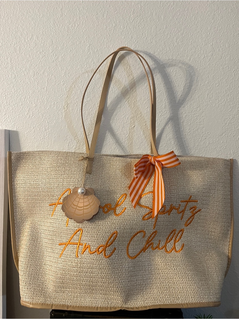 Cream Woven Tote with Orange Script and Ribbon Accent